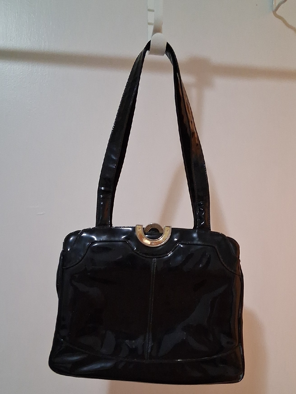 Vintage 1960s Italian Lou Taylor Black Patent Leather Swivel Mirror Handbag